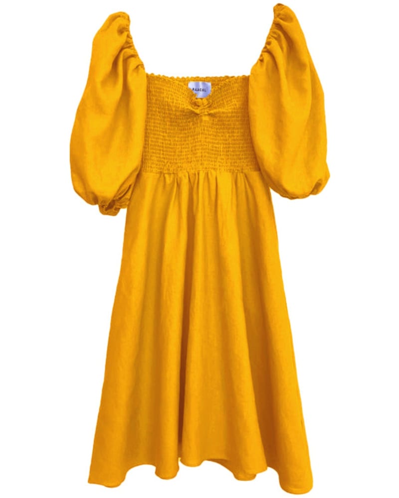 Front of a size 4 The Colette Linen On or Off the Shoulder Dress in Gold in Gold by BAACAL. | dia_product_style_image_id:296139